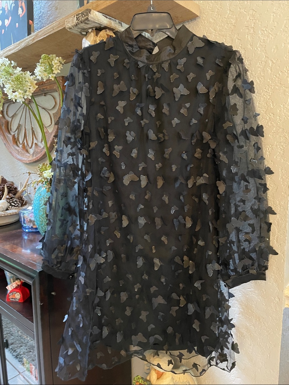 Black Sheer Butterfly Appliqué Long-Sleeve Dress